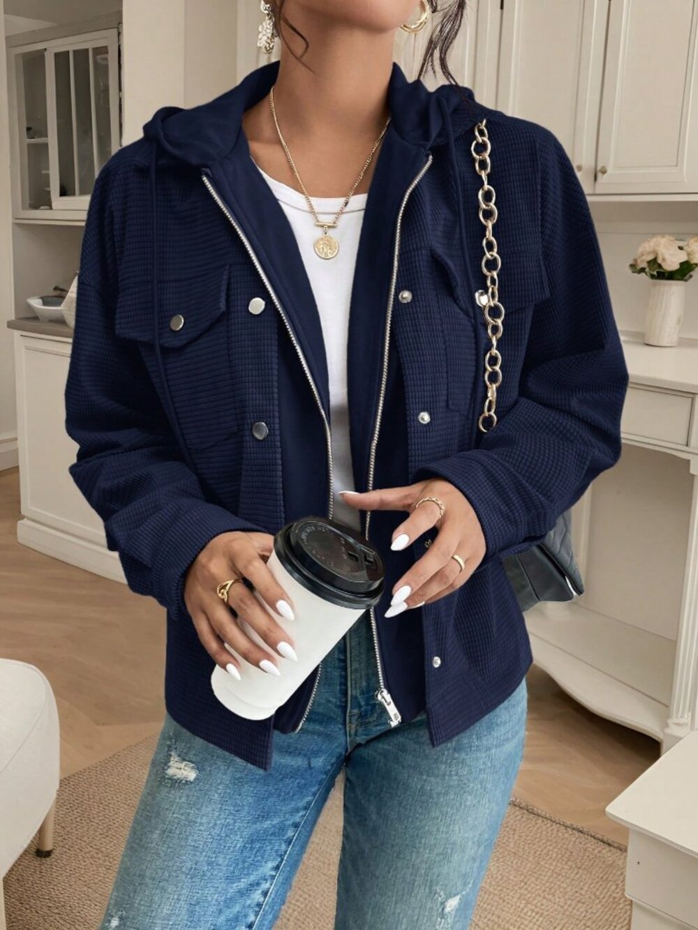 Navy Blue Casual Women's Hooded Jacket